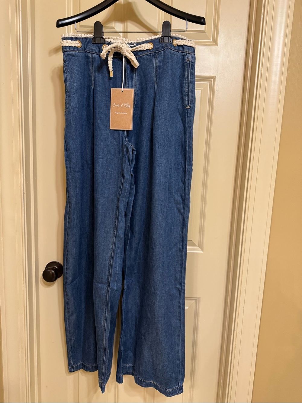 Casual Wide-Leg Women’s Jeans with Drawstring Waist - Blue